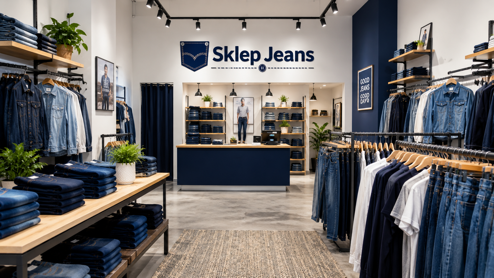 Wnętrze sklepu Hurtownia Jeansu w Częstochowie — stoisko z odzieżą jeansową